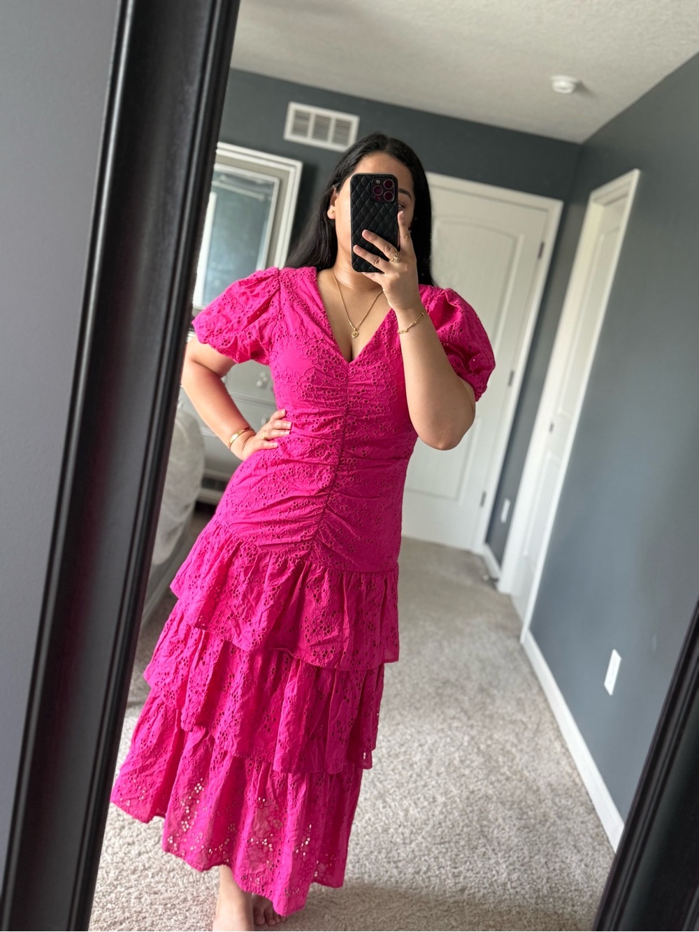 Kensie Fuchsia Eyelet Tiered Maxi Dress